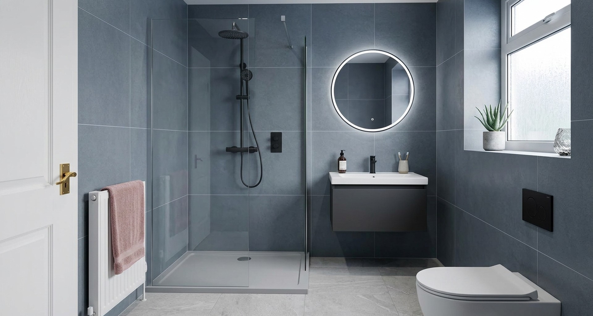 Modern dark panelled walk-in shower room with tile-effect boards and LED mirror after renovation