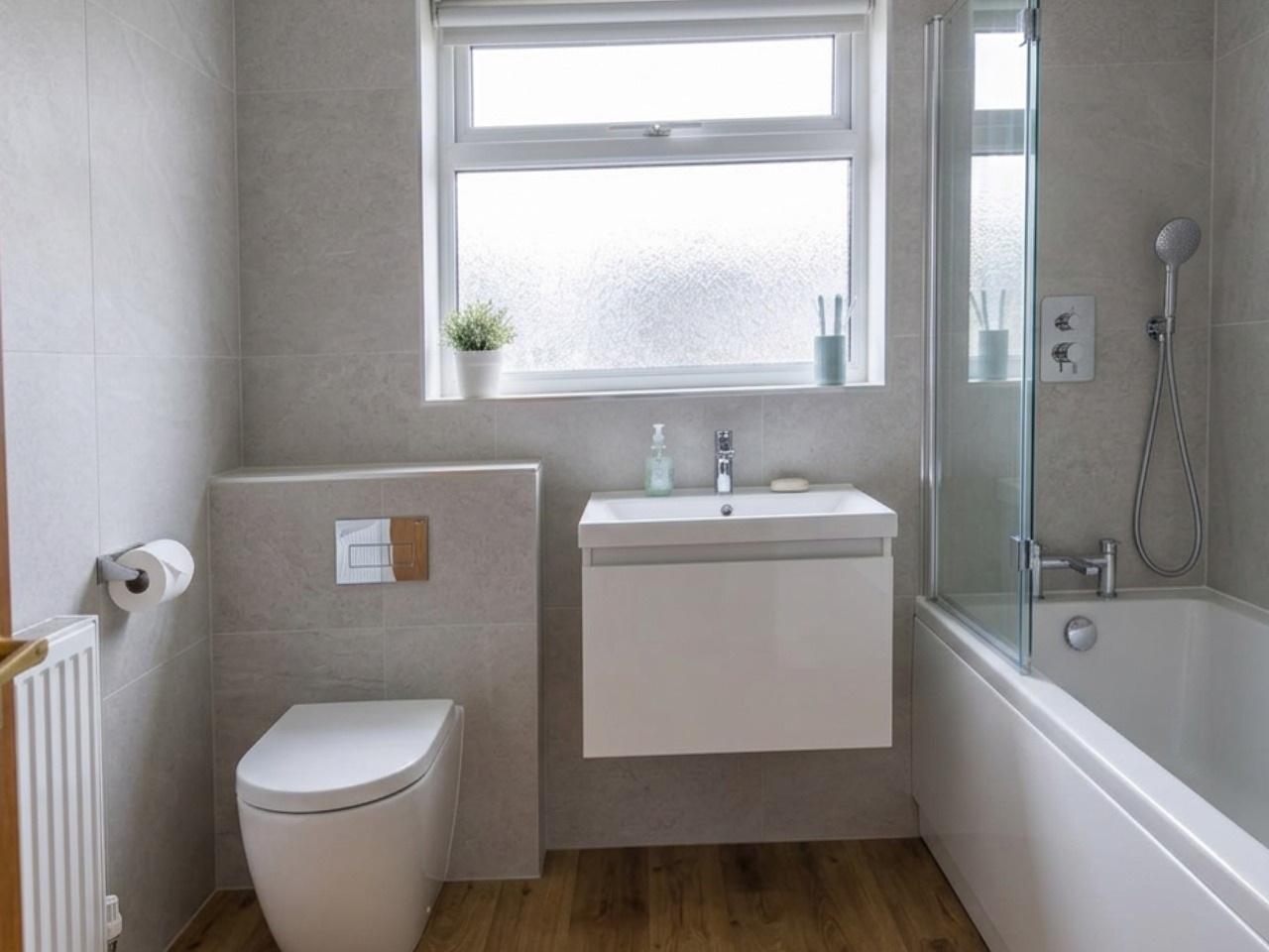 Modern bathroom with grey tile-effect wall boards, floating vanity and glass bath screen after renovation