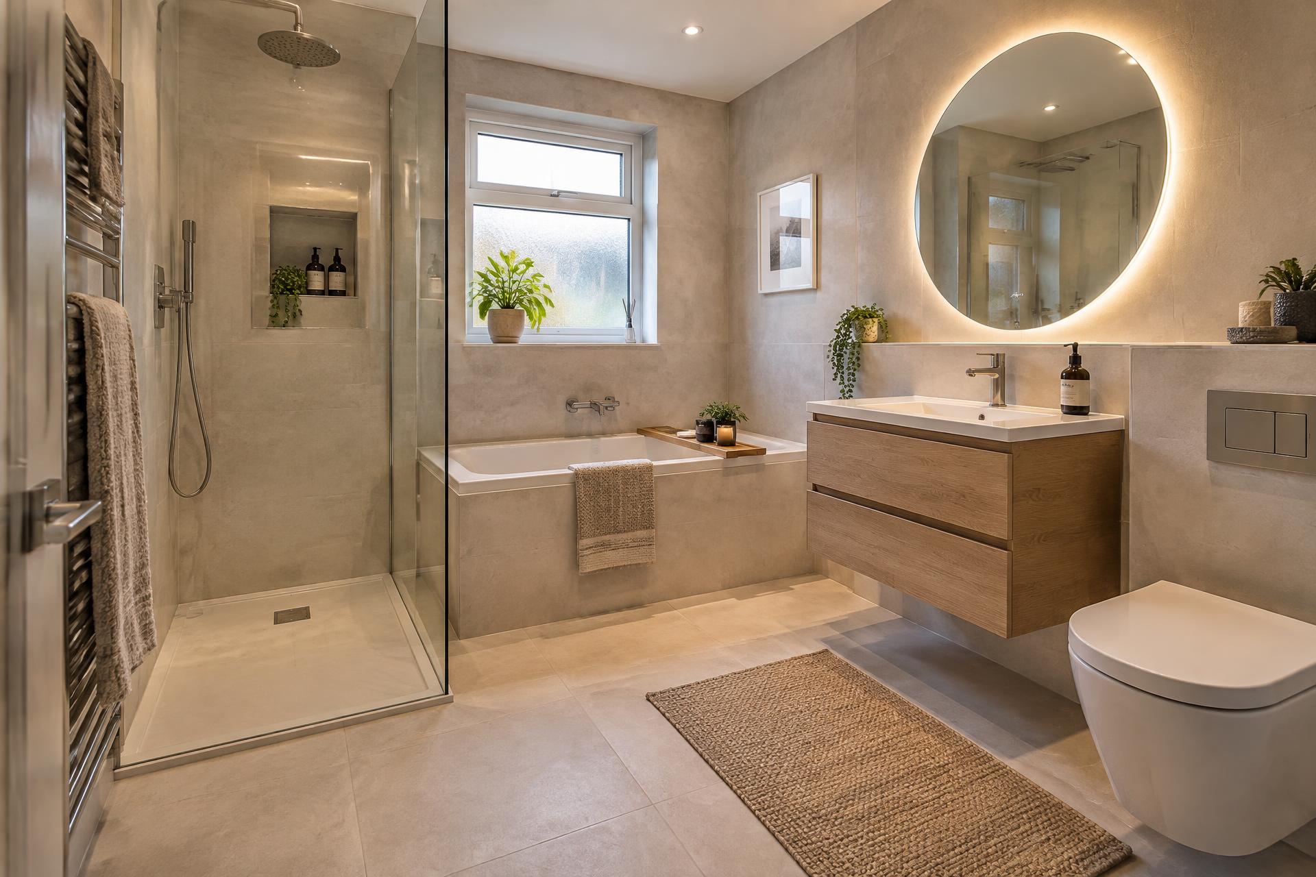 Warm modern bathroom renovation